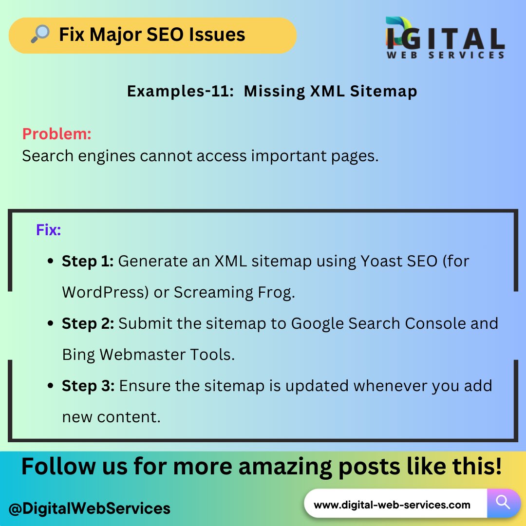 digitalwebservs's tweet image. #FixSEOIssues 🚨 Missing XML Sitemap? Fix it Now! 🛠️

👉To know the Major SEO Issues and how to fix them visit: digital-web-services.com/major-seo-issu…  

▾▾▾▾ ▾▾▾▾ 
#SEO #XMLSitemap #GoogleRanking #SearchEngineOptimization #SEOBoost #DigitalMarketing #YoastSEO #ScreamingFrog