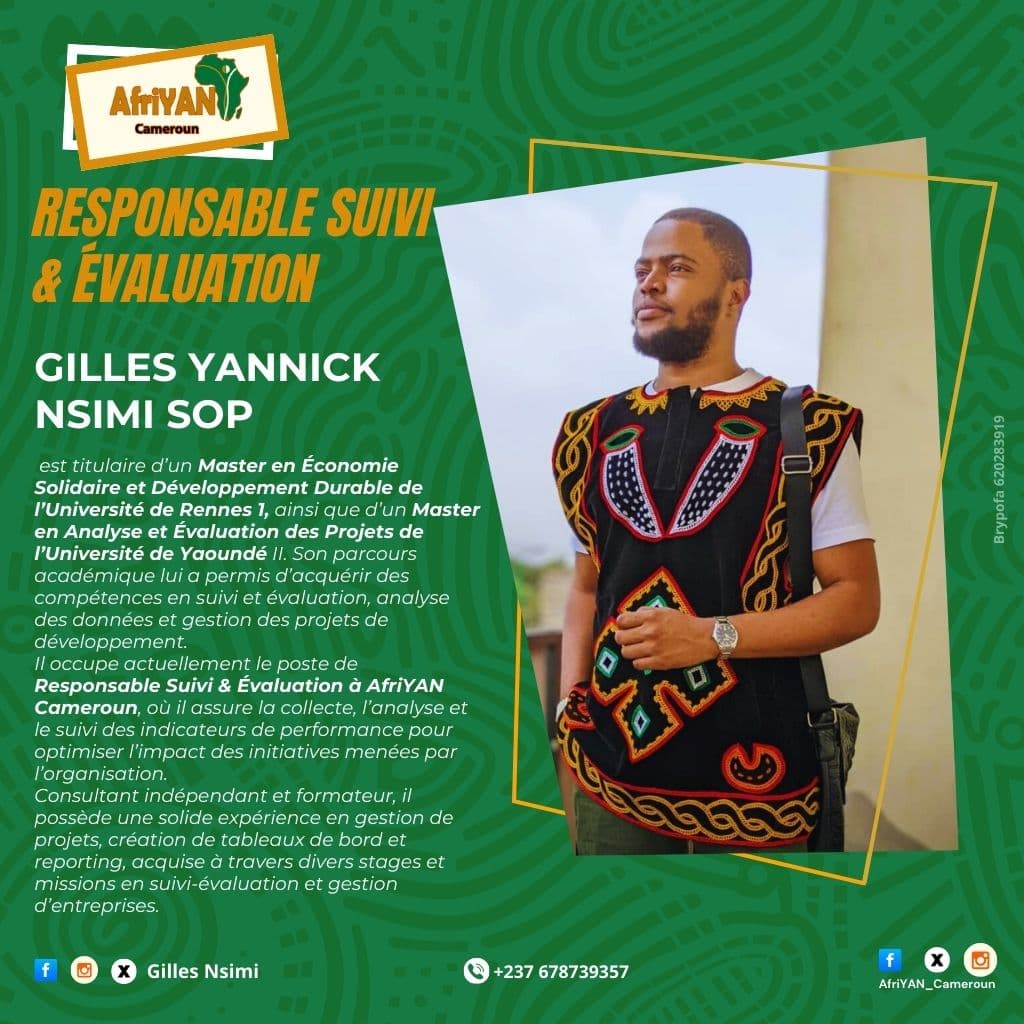 Meet Gilles Yannick Nsimi Sop,our Monitoring &amp; Evaluation Officer at AfriYAN🇨🇲! Expert in project management,data analysis &amp; more! He's shaping a brighter future for 👫people in Cameroon! Discover his inspiring work! Let's empower youth together! 
#Expertise 
#PutYoungPeopleFirst
