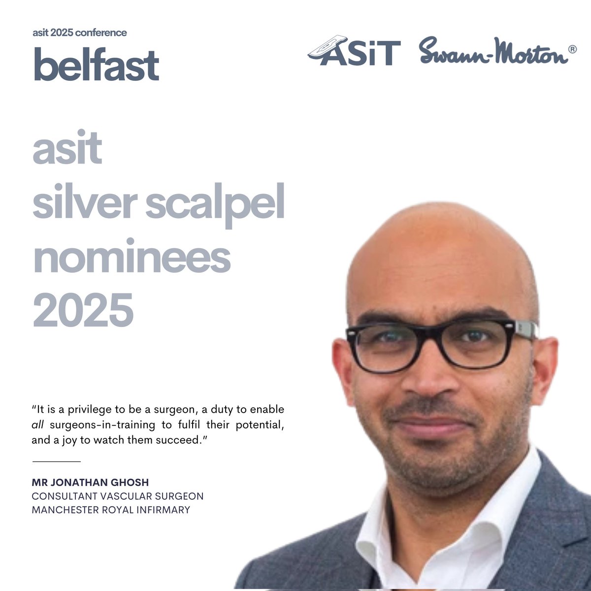🚨 The final Silver Scalpel nominee is here! 🚨

We’re thrilled to introduce Mr Jonathan Ghosh, Consultant Vascular Surgeon, at Manchester Royal Infirmary! 🎉

💬 “It is a privilege to be a surgeon, a duty to enable all surgeons-in-training to fulfil their potential, and a joy to