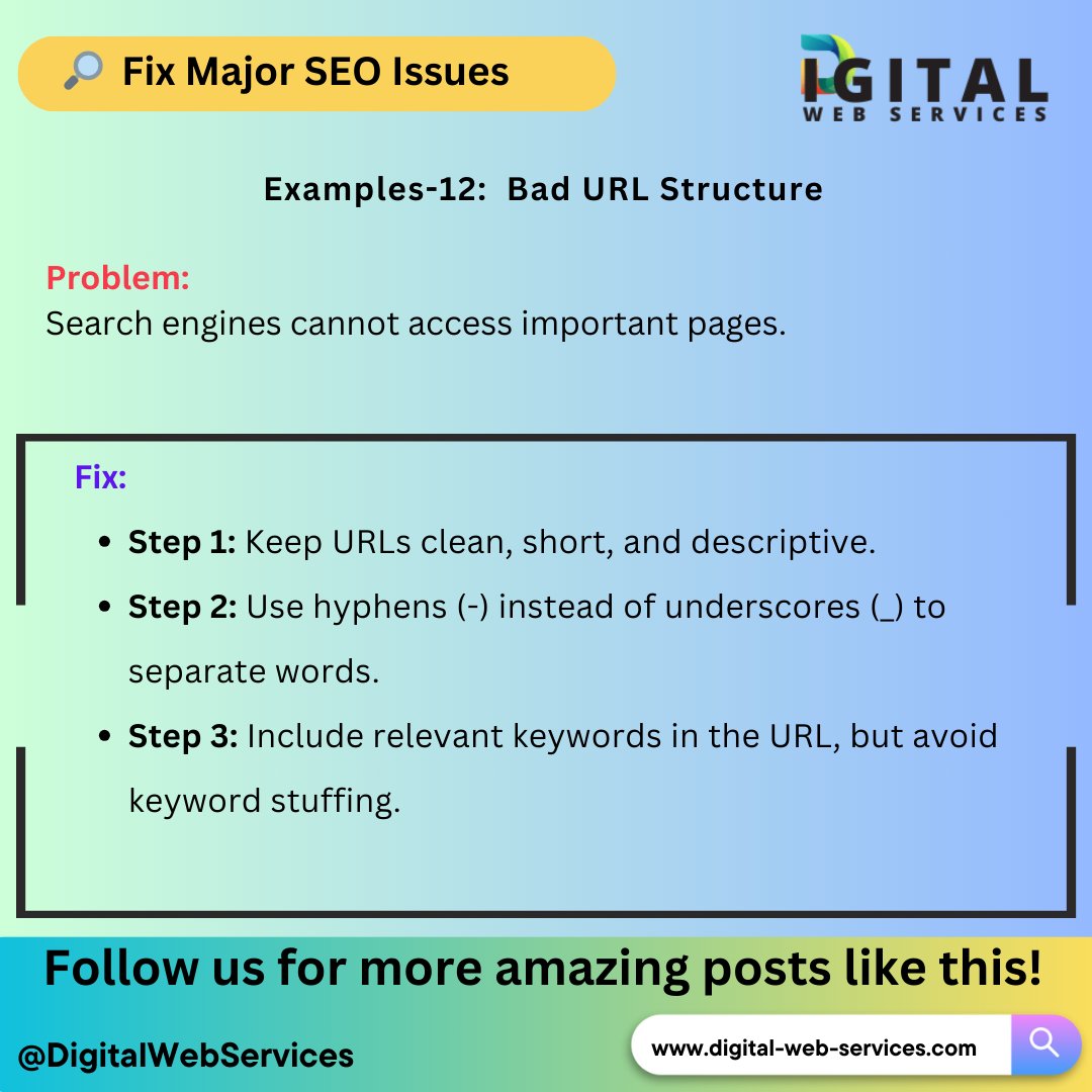 digitalwebservs's tweet image. #FixSEOIssues: Bad URL Structure? Fix it Now! 🚨

👉To know the Major SEO Issues and how to fix them visit: digital-web-services.com/major-seo-issu… 
▾▾▾▾▾▾▾▾
#SEO #SEOTips #URLOptimization #DigitalMarketing #SEOStrategy #SearchEngineOptimization #WebDevelopment #DigitalWebServices