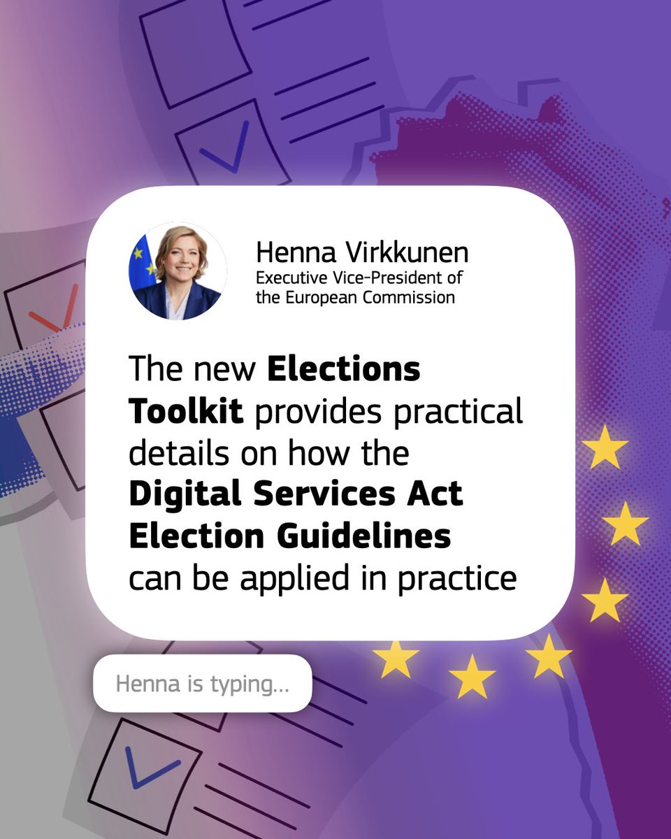 Henna Virkkunen (@hennavirkkunen) on Twitter photo Earlier this week we published an #Elections Toolkit to help national authorities implementing the #DSA Elections guidelines. It's part of the ongoing effort by <a href="/EU_Commission/">European Commission</a> & #EU Member States to safeguard the integrity of elections in 🇪🇺
Read more via the 🔗 in comments ⤵️ Earlier this week we published an #Elections Toolkit to help national authorities implementing the #DSA Elections guidelines. It's part of the ongoing effort by <a href="/EU_Commission/">European Commission</a> & #EU Member States to safeguard the integrity of elections in 🇪🇺
Read more via the 🔗 in comments ⤵️