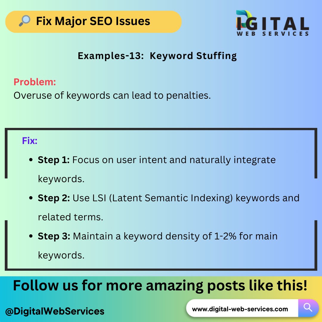 digitalwebservs's tweet image. #FixSEOIssues: Avoid Keyword Stuffing! 🚨

👉To know the Major SEO Issues and how to fix them visit: digital-web-services.com/major-seo-issu… 

#SEO #KeywordStuffing #SEOOptimization #ContentMarketing #DigitalMarketing #SEOTips #GoogleRanking #SearchEngineOptimization #MarketingStrategy