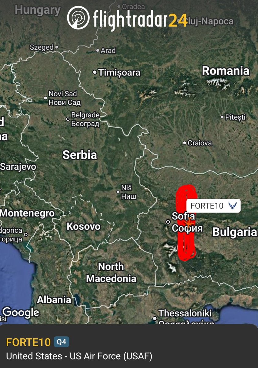 Lukai1861's tweet photo. #Serbia | Serbia is once again under aerial surveillance 

#FORTE10 (Reg.: 11-2046) Northrop Grumman RQ-4 Global Hawk from #Sigonella Air Base is once again flying over Western Bulgaria. This is the second time this month. 

The first time, the #ISR operation lasted several days. https://t.co/AfNHQD7Z4M
