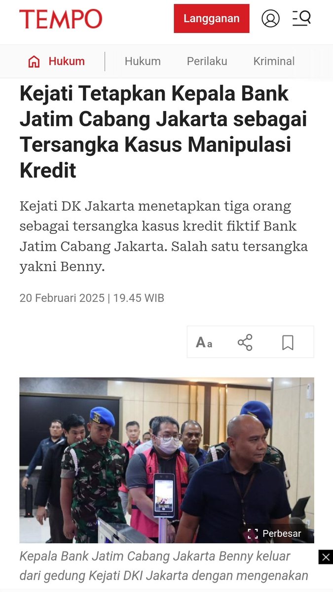 Main Mata Kepala Bank Jatim Cabang Jakarta 

Kejaksaan Tinggi (Kejati) Jakarta berhasil membongkar skandal korupsi manipulasi pemberian kredit yang merugikan negara hingga Rp. 569,4 miliar. Tiga nama telah ditetapkan sebagai tersangka, Benny (Kepala Bank Jatim Cab. Jakarta), Bun