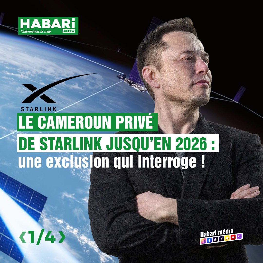 Habari_Media's tweet photo. Starlink bloqué au Cameroun ! Un frein au développement numérique ?
📡🚀 Starlink Cameroun
#Internet #Numérique #Innovation #Technologie #Connectivité #Afrique #EconomieNumérique #Développement #Digitalisation #ElonMusk #SpaceX #Actu #Médias #Débat
#Habari237 https://t.co/zK8l9cMfyD