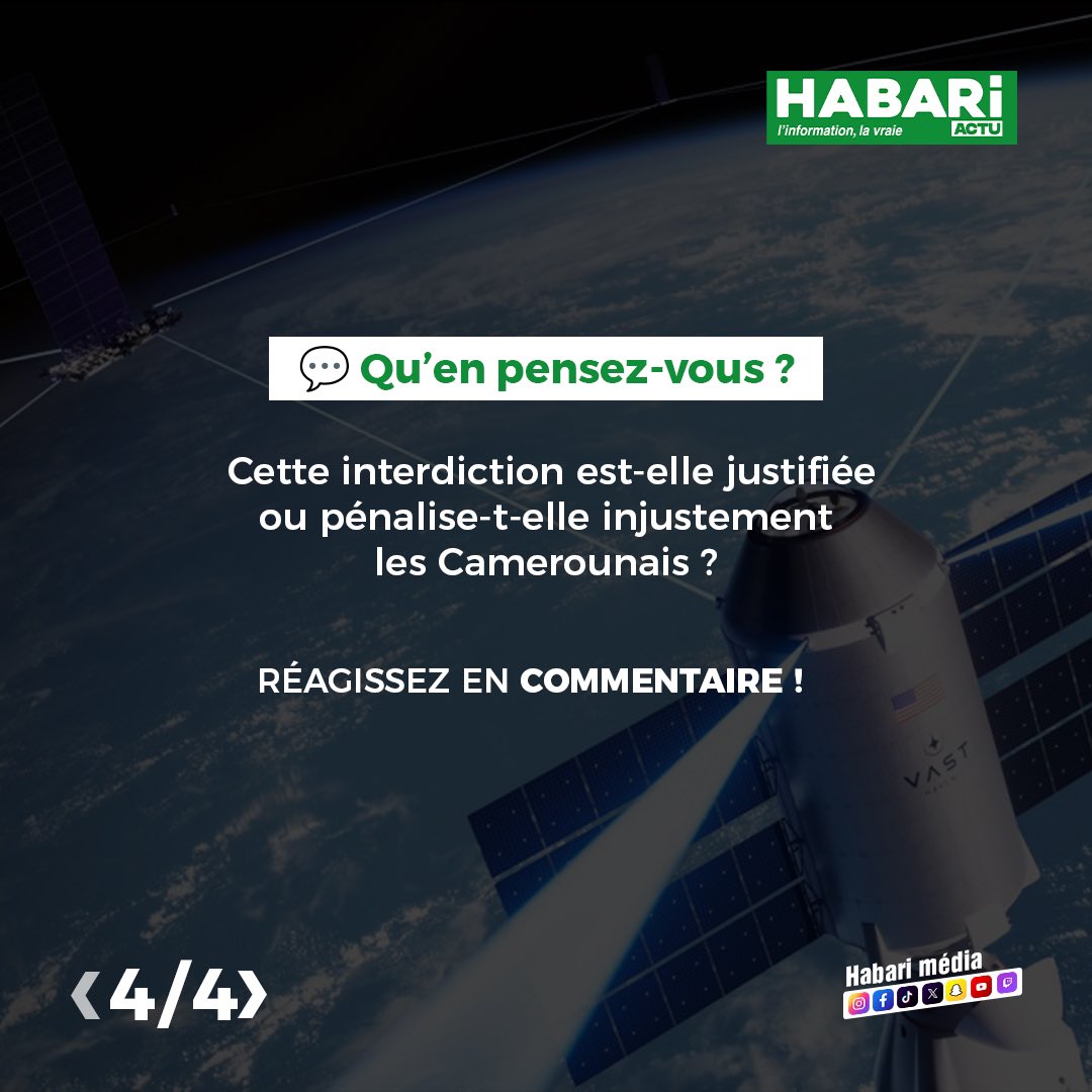 Habari_Media's tweet photo. Starlink bloqué au Cameroun ! Un frein au développement numérique ?
📡🚀 Starlink Cameroun
#Internet #Numérique #Innovation #Technologie #Connectivité #Afrique #EconomieNumérique #Développement #Digitalisation #ElonMusk #SpaceX #Actu #Médias #Débat
#Habari237 https://t.co/zK8l9cMfyD