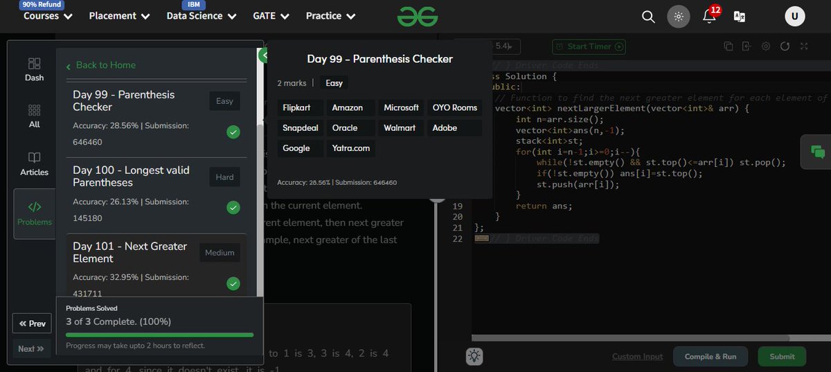 UdayIge's tweet image. #GfG160: 160 days of problem-solving! 🚀

✅ Day 101: Next Greater Element done.

#geekstreakchallenge
#geekstreak2024 #gfg160

@geeksforgeeks