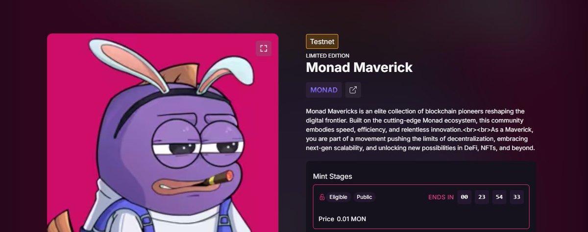 crypt0hubb's tweet photo. GMonad
New Limited mint on $MONAD 

Take action now before it’s too late

Mint Monad Maverick if you’re farming Monad to increase your transaction number on the Monad ecosystem 

Mint price 0.01 MON
Ends in 24hours
Max mint 5
Max Supply - 10k

https://t.co/PVsm7ecJ35 https://t.co/UwWbuIUDat