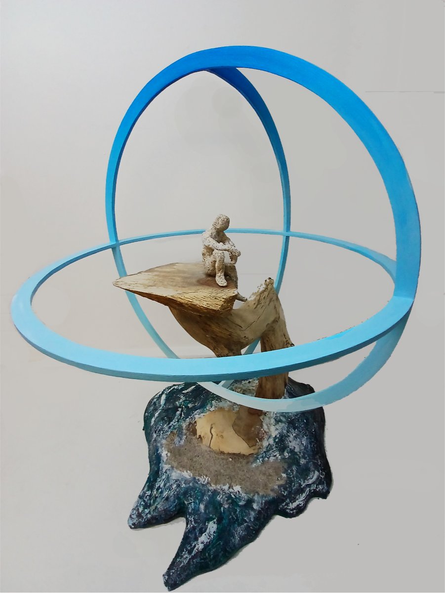 malcolmtait's tweet photo. This piece has the title of the exhibition which in turn  came from a two-volume anthology of the works of writer, poet, artist Etal Adnan, "To look at the Sea is to become what one is". Another of her short works "Shifting the Silence" I found inspiring. #assemblage #sculpture https://t.co/Uo1ZdQhNzr