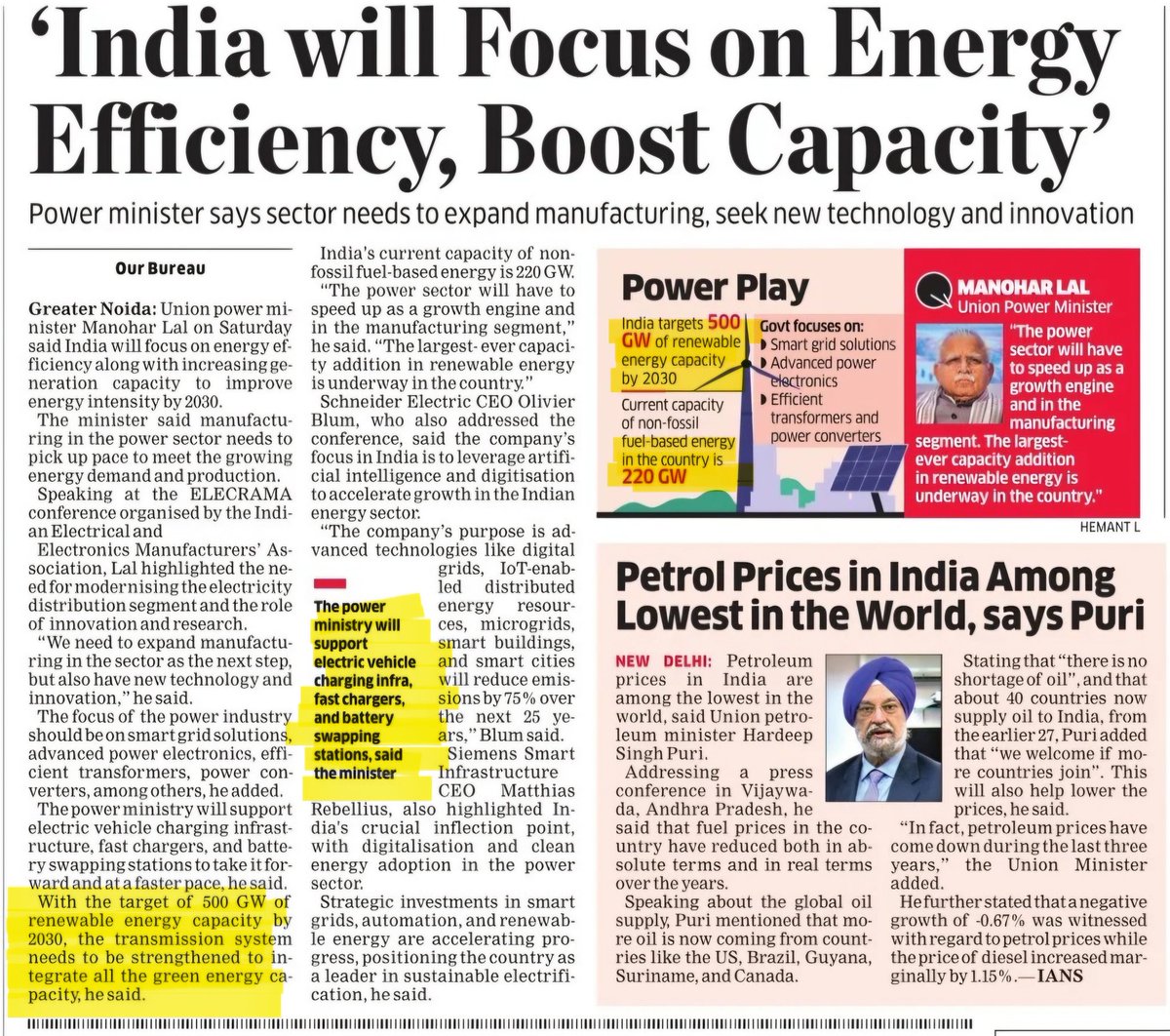 Power - Multi-decadal theme 🔥

The renewable energy by 2030 should be 500 GW from 220 GW currently. (2.5x)

Focus would be on
✅️ Smart grid solutions
✅️ Advanced power electronics
✅️ Efficient Transformers and power converters

The power ministry will also support EV