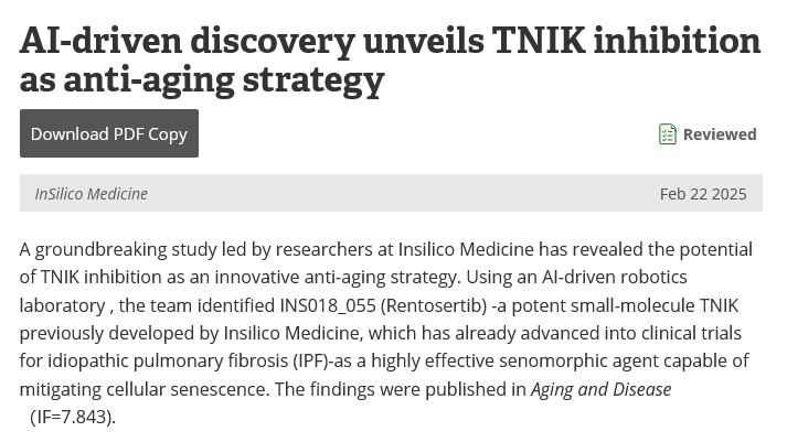 Dr_Singularity's tweet photo. Anti Aging Breakthrough

AI driven discovery unveils TNIK inhibition as anti-aging strategy

"Using an AI-driven robotics laboratory, the team identified INS018_055  (Rentosertib) -a potent small molecule TNIK previously developed by Insilico Medicine, which has already advanced into clinical trials for idiopathic pulmonary fibrosis, as a highly effective senomorphic agent capable of mitigating cellular senescence."

"The result demonstrates that Rentosertib significantly reduces aging-related markers such as the senescence associated secretory phenotype (SASP) and extracellular matrix remodeling in various  senescence models. Mechanistically, the study reveals that TNIK  inhibition alleviates TGF-β and Wnt signaling, pathways strongly  implicated in senescence, fibrosis, and aging. Impressively, Rentosertib as a potential senomorphic drug showcased safe and robust senescence  attenuation while preserving healthy cell viability."