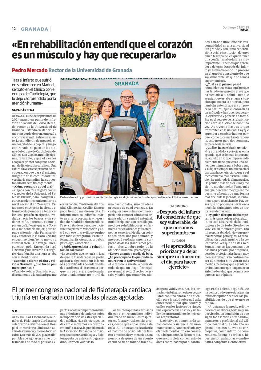 🔴 <a href="/PedroMercadoUGR/">Pedro Mercado UGR</a>, rector de la #UGR, habla por primera vez de su rehabilitación tras el infarto que sufrió el pasado mes de septiembre 

🗣 En su entrevista con  <a href="/ideal_granada/">ideal_granada</a>, Pedro pone en valor la profesionalidad del equipo multidisciplinar del <a href="/clinicogranada/">Hospital Universitario Clínico San Cecilio</a> 🏥