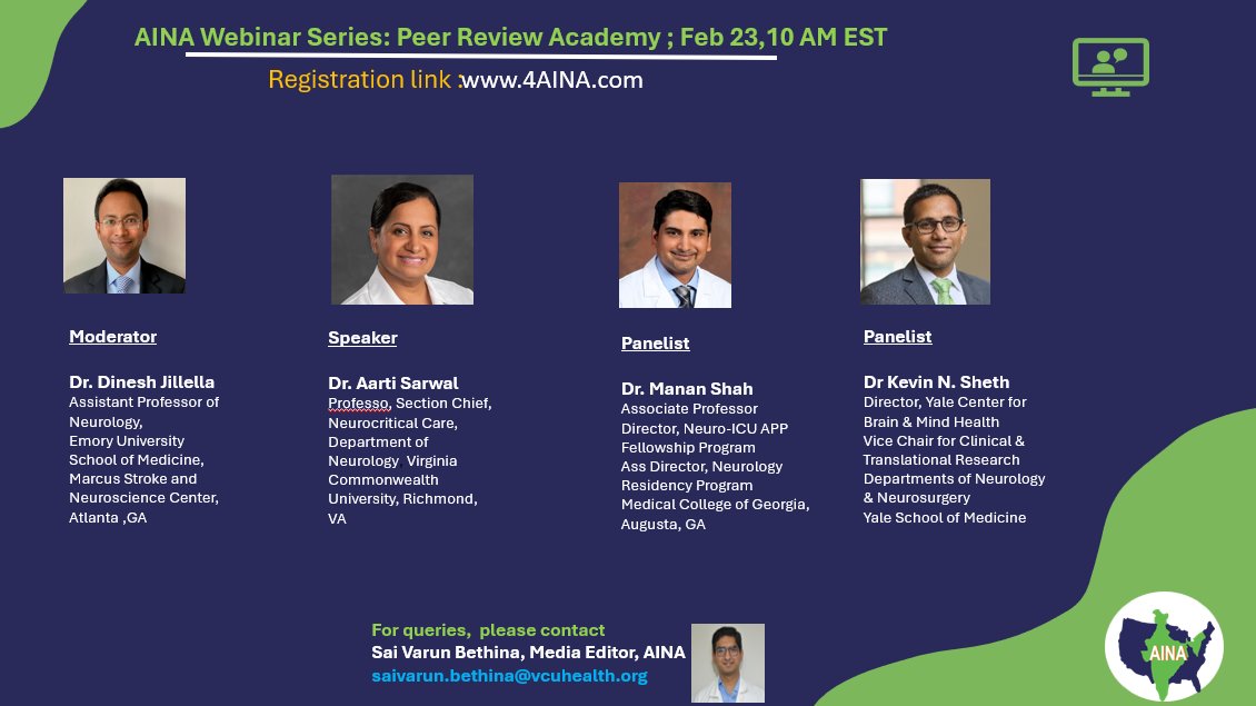 AINA (@indianneuroinus) on Twitter photo Join us today 10 AM EST for AINA webinar
#PeerReviewer Academy
🗒️Best practices of peer review 👩🏫
⚖️Ethics, biases & assumptions 😕
📚 Published guidelines 🚧
Register: vcuhealth.zoom.us/webinar/regist…
Webinars every Sunday 10 AM EST
#Neurotwitter #Meded
<a href="/AUPN_leaders/">Association of University Professors of Neurology</a> <a href="/AANmember/">American Academy of Neurology</a> Join us today 10 AM EST for AINA webinar
#PeerReviewer Academy
🗒️Best practices of peer review 👩🏫
⚖️Ethics, biases & assumptions 😕
📚 Published guidelines 🚧
Register: vcuhealth.zoom.us/webinar/regist…
Webinars every Sunday 10 AM EST
#Neurotwitter #Meded
<a href="/AUPN_leaders/">Association of University Professors of Neurology</a> <a href="/AANmember/">American Academy of Neurology</a>