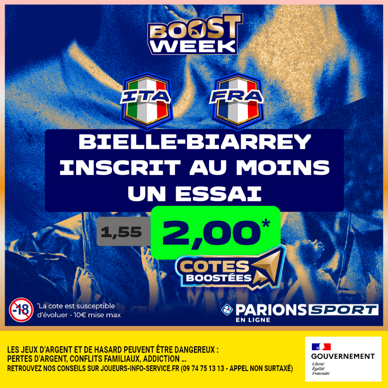 ParionsSport's tweet photo. 🚨 ALERTE #BOOSTWEEK !

Après la défaite rageante face aux Anglais, la France doit réagir ! 
Louis Bielle-Biarrey sonnera-t-il la révolte ?