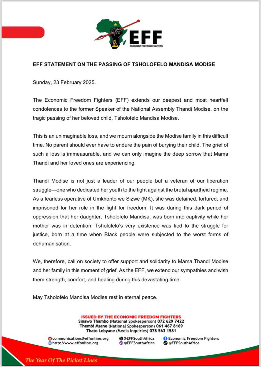 The EFF Statement on the Passing of Tsholofelo Mandisa Modise

-This is an unimaginable loss, and we mourn alongside the Modise family in this difficult time. No parent should ever have to endure the pain of burying their child. The grief of such a loss is immeasurable, and we