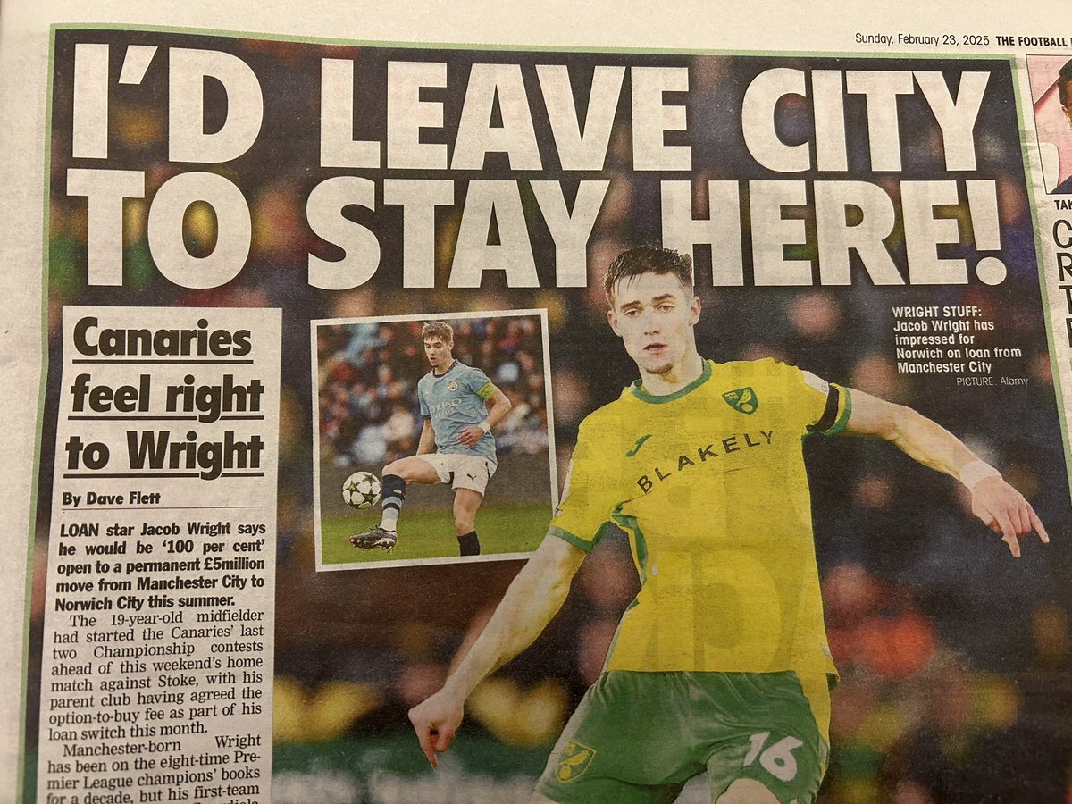 Dave Flett (@daveflettpress) on Twitter photo One for <a href="/NorwichCityFC/">Norwich City FC</a> fans. I spoke to on-loan <a href="/ManCity/">Manchester City</a> midfielder Jacob Wright about how he would be “100%” open to the prospect of a £5million move to the Canaries this summer. Full story in <a href="/TheLeaguePaper/">The Football League Paper</a> - in shops now and always great value for £2.20. #ManCity One for <a href="/NorwichCityFC/">Norwich City FC</a> fans. I spoke to on-loan <a href="/ManCity/">Manchester City</a> midfielder Jacob Wright about how he would be “100%” open to the prospect of a £5million move to the Canaries this summer. Full story in <a href="/TheLeaguePaper/">The Football League Paper</a> - in shops now and always great value for £2.20. #ManCity