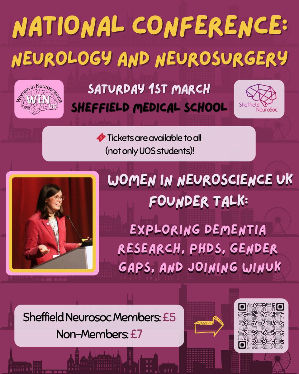 WomeninNeuroUK's tweet photo. 🧠 The National Conference on Neuroscience & Neurosurgery is on March 1st at Sheffield Medical School!
WiNUK founder @e_a_english , will discuss dementia research, PhDs, gender gaps & more ✨
Get your ticket now—scan the QR code! #Neuroscience #WiNUK #DementiaResearch https://t.co/rgTJb3YLue