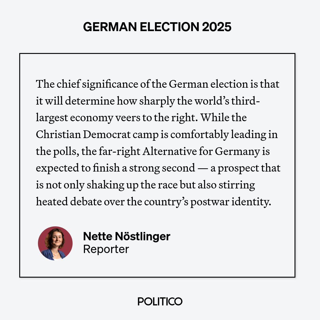 POLITICOEurope (@politicoeurope) on Twitter photo Germany is heading to the polls today in a vote that will almost certainly trigger a change in national leadership.
Read <a href="/NetteNostlinger/">Nette Nöstlinger</a>'s explainer on what to expect tonight as the results start rolling in 👉 ow.ly/pBlE50V4V24 Germany is heading to the polls today in a vote that will almost certainly trigger a change in national leadership.
Read <a href="/NetteNostlinger/">Nette Nöstlinger</a>'s explainer on what to expect tonight as the results start rolling in 👉 ow.ly/pBlE50V4V24