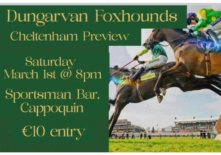 Cheltenham preview, Cappoquin, next Saturday. Always a great night. Tours for 4 of Gordon Elliott and Willie Mullins auctioned on the night too so if you want to place a bid you can let me know. 

<a href="/kenwhelan71/">Ken Whelan</a> <a href="/JohnShinnick1/">John Shinnick</a> <a href="/frankhickey81/">Frank Hickey</a>