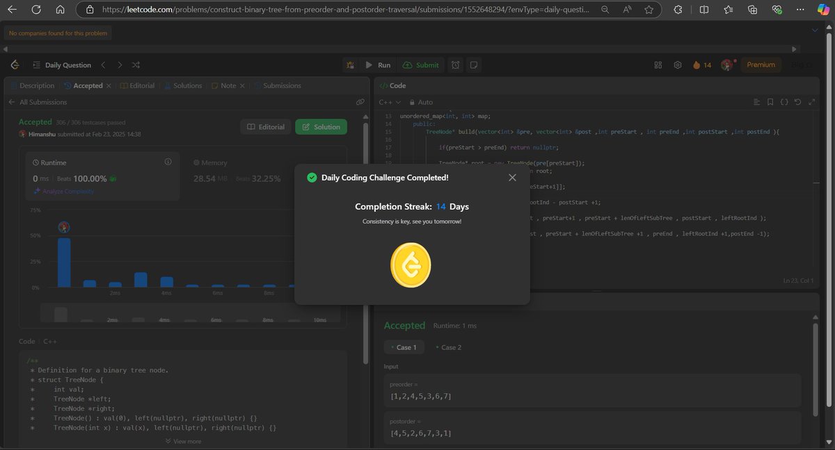 im_Himanshu77's tweet image. 🚀 Solved LeetCode POTD!
Built a binary tree from preorder &amp;amp; postorder traversals using recursion + hashing.
🔑 Key Steps:
✅ Preorder for root.
✅ Postorder for subtree boundaries
✅ Recursively build left and right subtrees.
#LeetCode #Coding #BinaryTree #Algorithms