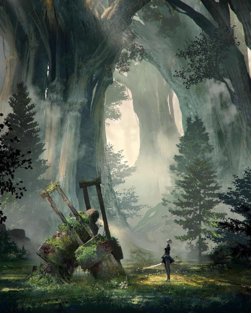 An illustration of 2B standing in a forest clearing looking up at a dliapidated goliath biped unit. covered in overgrown foliage.