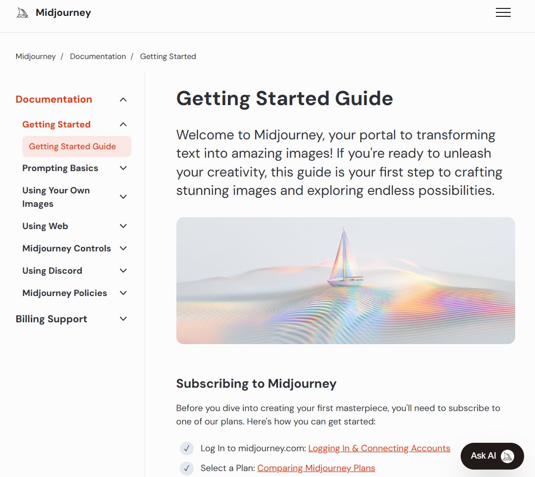 Wow, <a href="/midjourney/">Midjourney</a> you have improved the Documentation section and added an AI helper!
That's great 👍