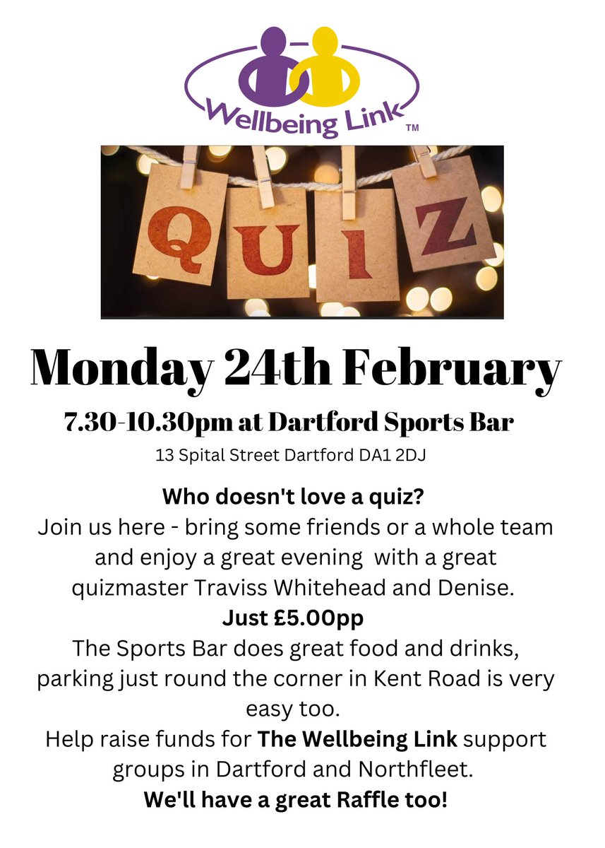LinkWellbeing's tweet photo. Quiz night on Monday 24th February at Dartford Sports Bar - coming?  #quiznight #quiz #brain #useit #wellbeing #wellbeinglink https://t.co/wlXeN7CRwt