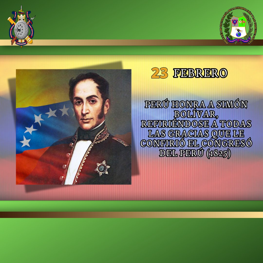 TecnologaY89008's tweet photo. El 23 de febrero de 1825, el Congreso del Perú homenajeó a Simón Bolívar, reconociendo su papel en la independencia de América del Sur y otorgándole el título de Libertador en agradecimiento por su legado en la lucha por la libertad.
.
.
#SimónBolívar
#Libertador
#23Febrero https://t.co/9f3zGTUViK