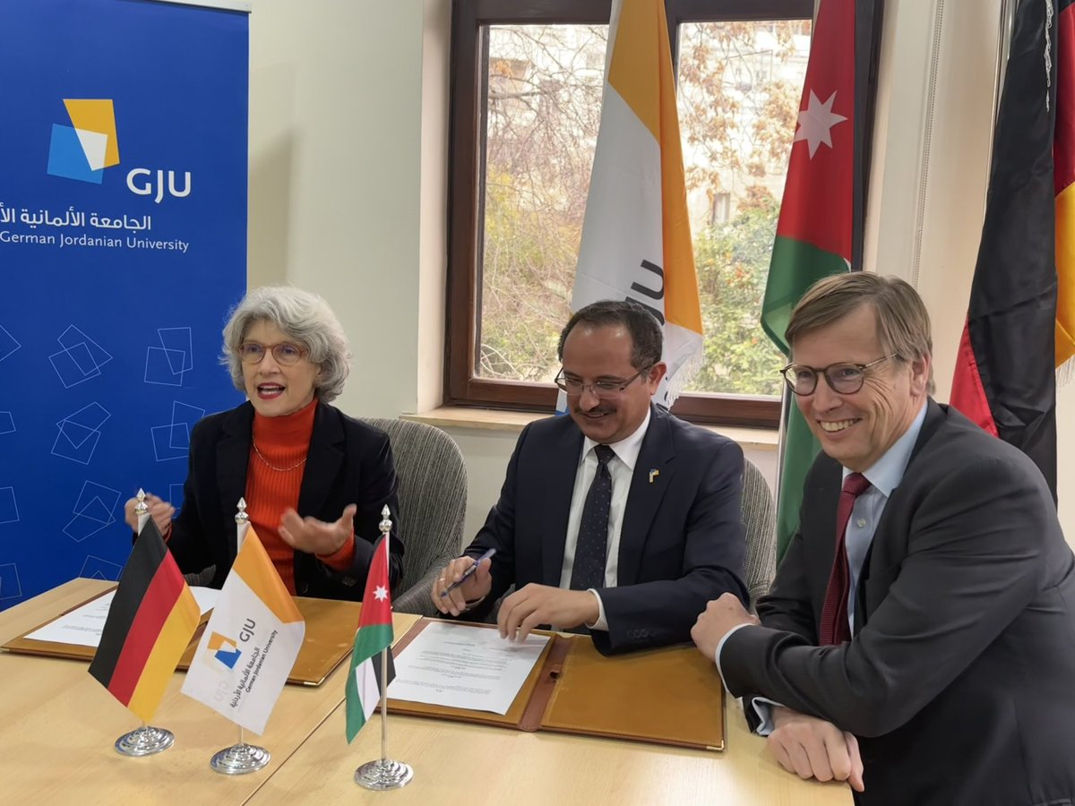 GermanyAmman's tweet photo. As a proud member of the @GJUniversity BoT, I was honoured to witness the signing of a MoU for a strategic partnership with @hs_magdeburg - new horizons for an already successful cooperation! https://t.co/ZGaYe55X62