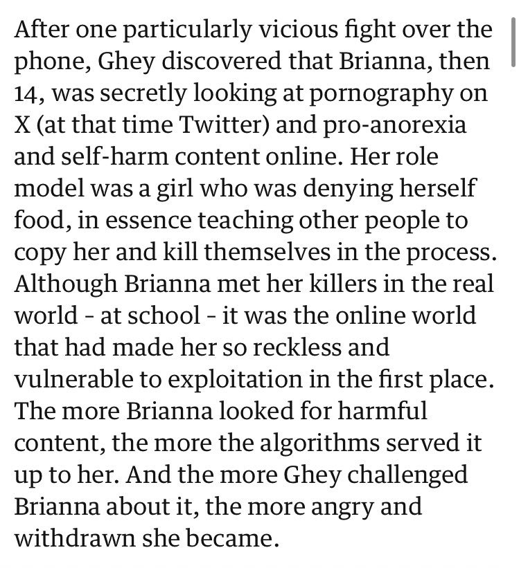 look at this passage from the guardian’s recent interview with esther ghey. what does it mean to call brianna - a murder victim lured to a park by a supposedly ‘safe’ friend - ‘reckless’, here? that’s a really charged word to use for a murdered teenager.