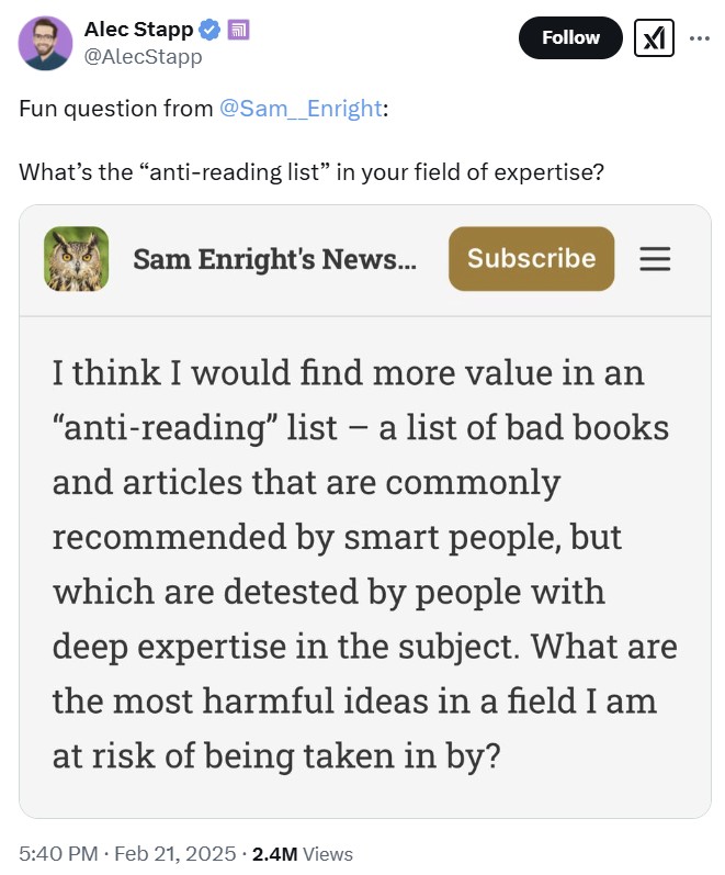 MushtaqBilalPhD's tweet photo. "Anti-reading" list: a list of bad books and articles that are commonly recommended by smart people...

Here's an anti-reading list: https://t.co/Lm5PZ7yZR9