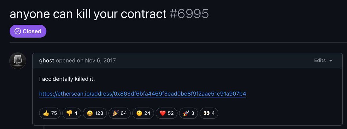 In November 2017, an anon github user, “devops199,” accidentally triggered a bug in Parity’s multisig wallet.

513,774 ETH froze on the spot, affecting over 587 wallets. About $150M at the time. $90M of that was from Polkadot’s ICO.

It was the second largest ETH loss in