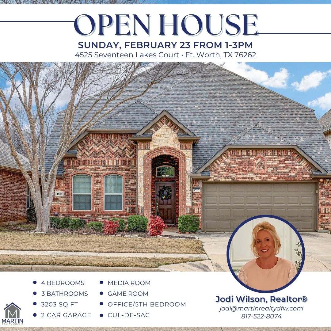 🎉🏡Jodi is hosting an Open House at 4525 Seventeen Lakes today! Come explore this gorgeous home from 1-3pm and imagine all the beautiful memories you could create here! See you there!

👉 martinrealtydfw.com/real-estate/45…

#OpenHouse #DreamHome #SeventeenLakes #MartinRealtyDFW #RealEst...