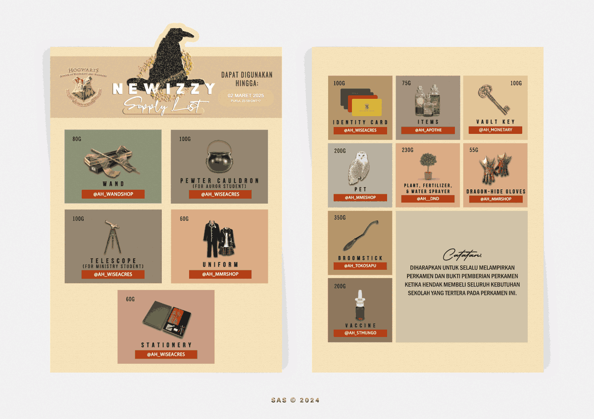 <a href="/SAS_The01/">𝐒𝐀𝐒.</a> “Kepada para murid baru yang sudah selesai makan, dipersilakan untuk kembali maju!” serunya, kemudian membagikan perkamen kebutuhan.
 
【 Newizzy Parchment – Februari 2025 】
 
· HQ: s.id/AH-NWP-0225
· Perkamen akan ditembuskan ke kalian setelah acara ini selesai.