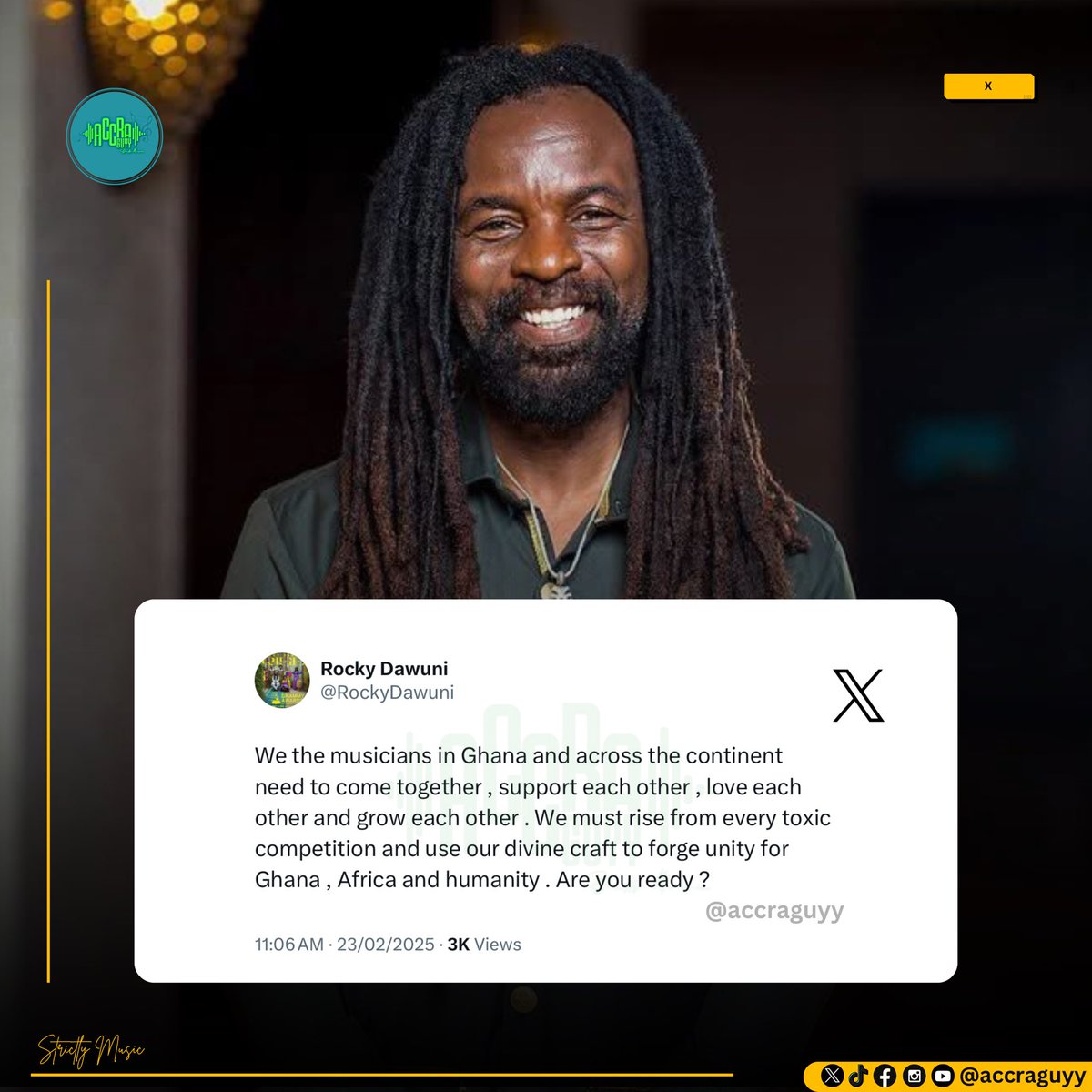 Rocky Dawuni (<a href="/RockyDawuni/">Rocky Dawuni</a>) Calls On A Collective Effort And Mutual Support Among Ghanaian Artistes.

“𝙒𝙚 𝙢𝙪𝙨𝙩 𝙧𝙞𝙨𝙚 𝙛𝙧𝙤𝙢 𝙚𝙫𝙚𝙧𝙮 𝙩𝙤𝙭𝙞𝙘 𝙘𝙤𝙢𝙥𝙚𝙩𝙞𝙩𝙞𝙤𝙣 𝙖𝙣𝙙 𝙪𝙨𝙚 𝙤𝙪𝙧 𝙙𝙞𝙫𝙞𝙣𝙚 𝙘𝙧𝙖𝙛𝙩 𝙩𝙤 𝙛𝙤𝙧𝙜𝙚 𝙪𝙣𝙞𝙩𝙮 𝙛𝙤𝙧 𝙂𝙝𝙖𝙣𝙖,