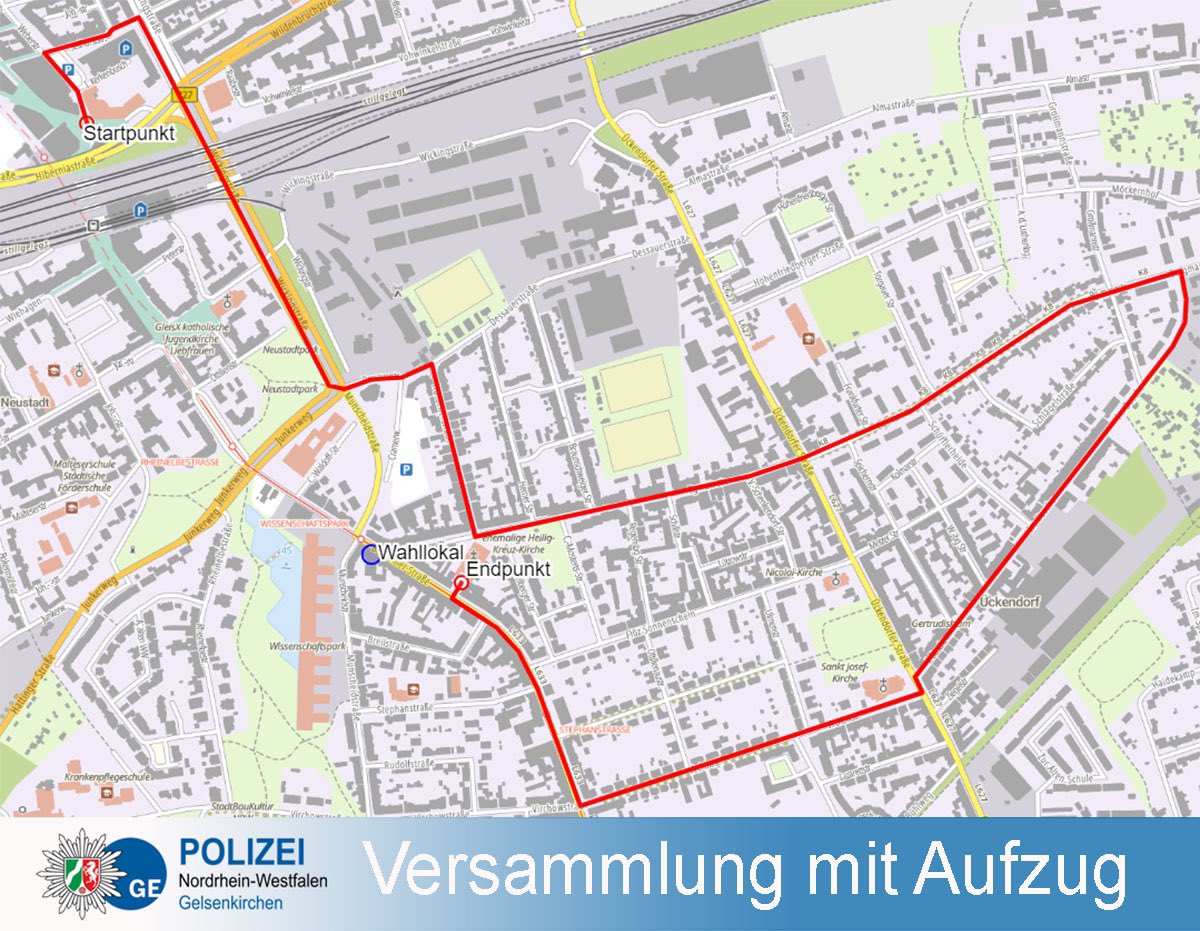 Heute findet ab 16.30 in den Stadtteilen Altstadt und Ückendorf eine Versammlung mit Aufzug statt. Erwartet werden mindestens 100 Teilnehmer. Die Polizei wird die Versammlung begleiten. Es kann kurzfristig zu Straßensperrungen oder Wartezeiten kommen. #Polizei