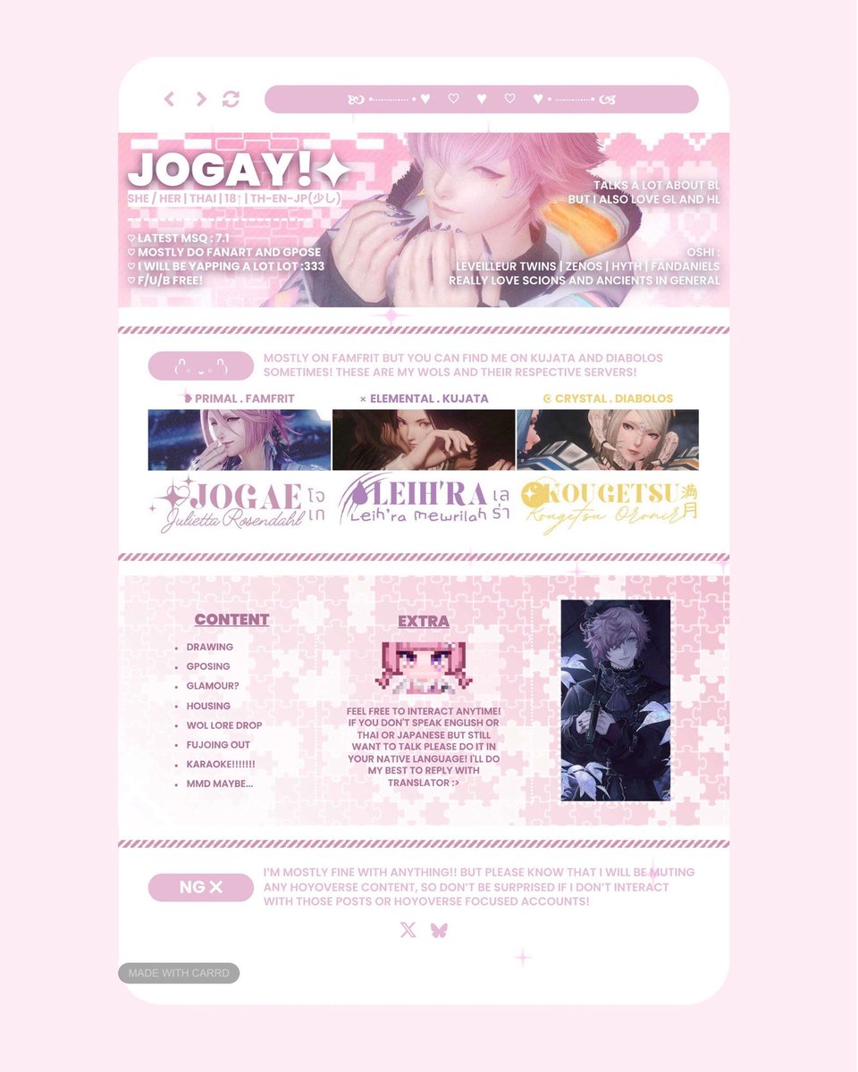 jogae_ffxiv's tweet image. ——˚✧₊⁎ PIN (´・ω・`)🩷💜
X : @jogae_ffxiv
🦋 : jogay-ff14.bsky.social
carrd : jogay-ff14.carrd.co