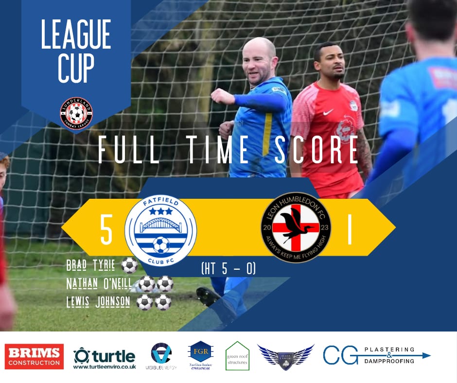 .<a href="/SunderlandSL/">SunderlandSunLeague</a> League Cup Semi Final Result 

<a href="/FatfieldClubFC/">Fatfield Club FC</a> 5 - 1 Plains Farm FC

Bradley Tyrie ⚽️ 
<a href="/Nathosafc/">Nathan O'Neill</a> ⚽️⚽️
<a href="/_lewismjohnson_/">Lewis Johnson</a> ⚽️⚽️

A great first half performance books our place in the final.