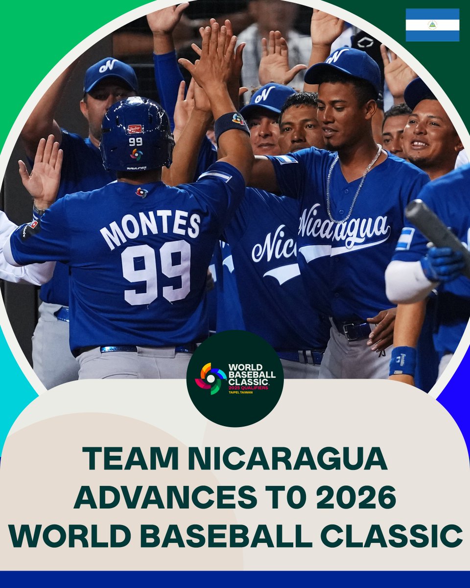 Team Nicaragua advances to 2026 World Baseball Classic
Pictured: Team Nicaragua celebrates after scoring a run. They wear blue Nicaragua uniforms with white lettering.