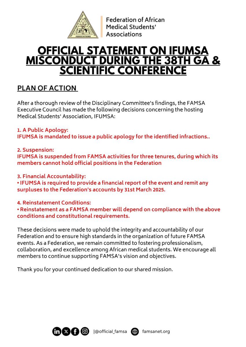 official_famsa's tweet image. Decision Regarding IFUMSA's Misconduct at the 38th FAMSA General Assembly and Scientific Conference

Following allegations and complaints from general delegates, the FAMSA Executive Council established a committee to investigate, facilitate a fair hearing, and provide...