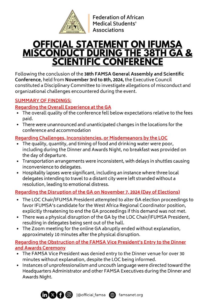 official_famsa's tweet image. Decision Regarding IFUMSA's Misconduct at the 38th FAMSA General Assembly and Scientific Conference

Following allegations and complaints from general delegates, the FAMSA Executive Council established a committee to investigate, facilitate a fair hearing, and provide...