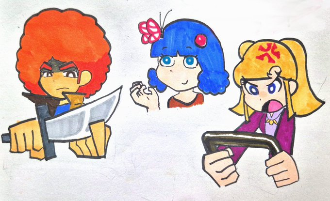 BJ86491's tweet image. A commission of Cosmo, Kasha and Kitty Kitten (yes that's her name) from #ideon in the ZZZ chibi style for @APin235 ! Thanks for supporting me!

4/5 slots left yall!!!