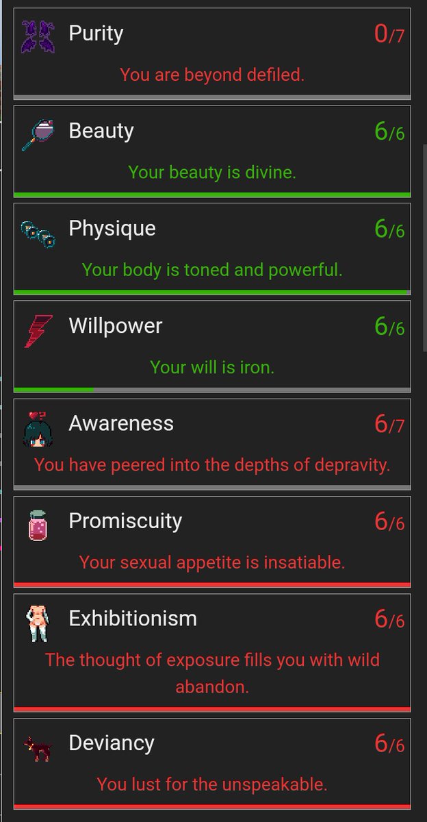 whimwoods's tweet photo. Totally forgot to post her stats lmao. Also forgot to mention her tattoos, which she is covered in as both PC and NPC (as NPC love interest tats are replaced with tats of flowers or tentacles) :3 #DoL #DegreesofLewdity #DoLPC https://t.co/EuVjIDGRaF