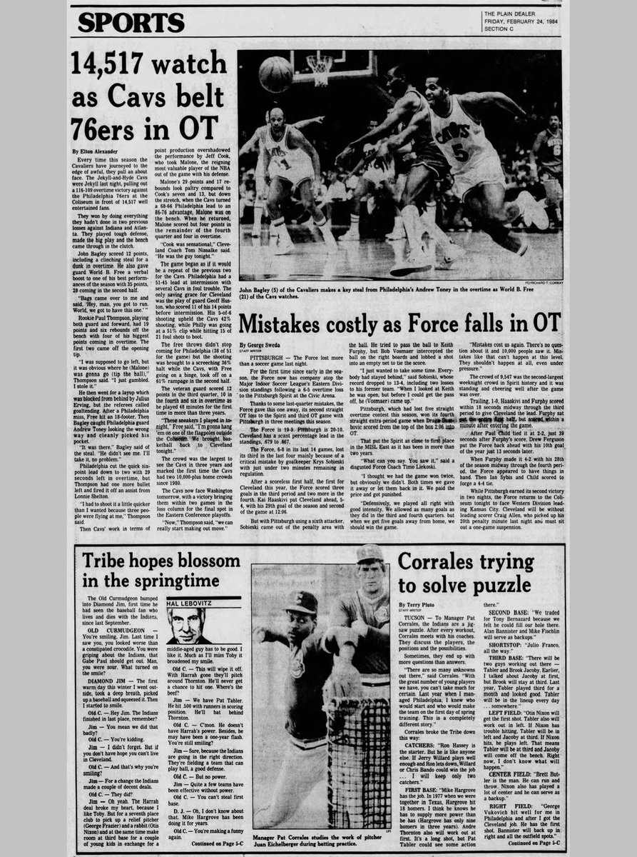 February 22, 1984: Plain Dealin’📰

41 yrs ago OTD…
you, your dad or your grandpa got this delicious PD sports page:

• Cavs win in OT 🏀
• Force fall in OT ⚽️
• Hal Lebovitz debates Pat Tabler vs. Toby Harrah ⚾️
• Terry Pluto runsdown Tribe roster⚾️

#JuanEichelberger #PD