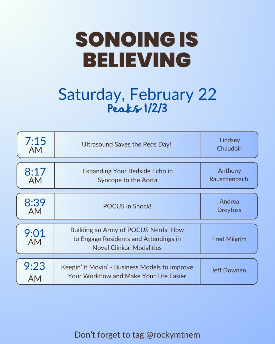 Day 2 at #RMWC25! ⛷️🏔️

Kick off with breakfast 🌯+ can’t-miss fractures from Dr. Hogrefe, then dive into trauma, tox, &amp; ultrasound.

🎿 9:45 AM - 4 PM: Ski time
📚 4 PM: Afternoon sessions

See you out there! #EmergencyMedicine #emergencymedicineconference
