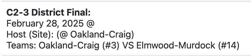 OC_Knights's tweet photo. The matchup is now official!
OC GBB will host Elmwood-Murdock in their district final on FRIDAY, Feb 28.
Winner heads to state!
Game time is TBD.
#GBO https://t.co/0D5vqfkrbQ