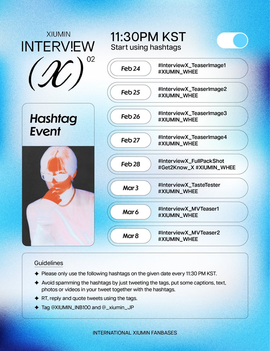 EXO WorldWide Stream🌐 (@exowwstream) on Twitter photo Drop hashtags now for XIUMIN 💙
1 acc = 10 replies
Interview X Teaser Image 1
#InterviewX_TeaserImage1 #XIUMIN_WHEE
<a href="/XIUMIN_INB100/">XIUMIN_official</a> <a href="/_xiumin_JP/">XIUMIN JAPAN OFFICIAL</a> <a href="/INB100_official/">INB100_official</a> <a href="/weareoneEXO/">EXO</a> Drop hashtags now for XIUMIN 💙
1 acc = 10 replies
Interview X Teaser Image 1
#InterviewX_TeaserImage1 #XIUMIN_WHEE
<a href="/XIUMIN_INB100/">XIUMIN_official</a> <a href="/_xiumin_JP/">XIUMIN JAPAN OFFICIAL</a> <a href="/INB100_official/">INB100_official</a> <a href="/weareoneEXO/">EXO</a>