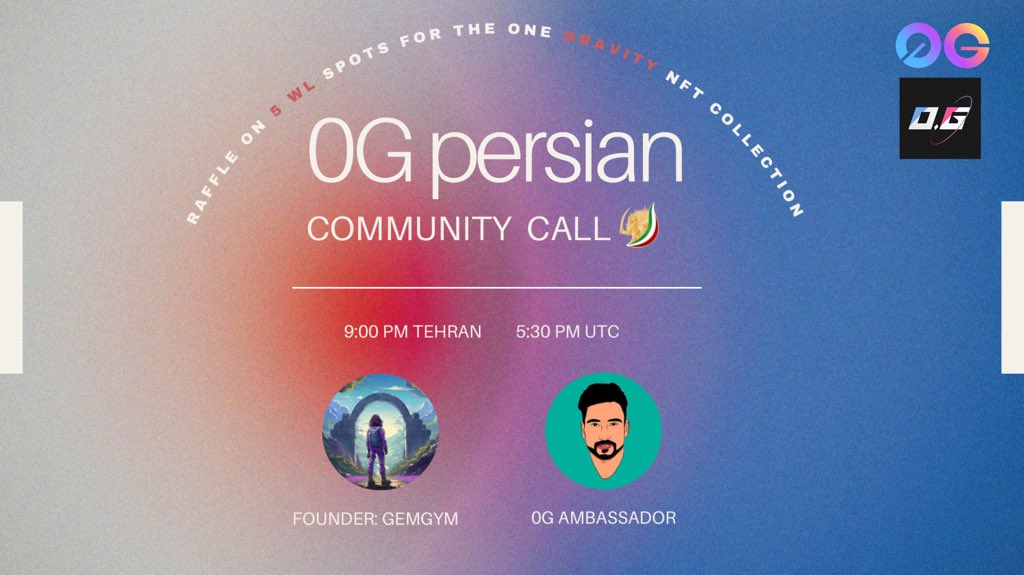Fmusicmc , ⚡Nubit⚡ , (O,G) (@mr_satoshiii) on Twitter photo 0G Persian Community Call
Topics: 0G Community , 0G & Kaito Integration, Necessary explanations about node execution
🔺 Raffle on 5 WL Spots for the <a href="/OneGravityNFT/">One Gravity (Ø,G)</a> 🔺
🎙 Hosts: <a href="/mr_satoshiii/">Fmusicmc , ⚡ ٫ (Ø,G)</a> , <a href="/Ahmad_a_m_3/">Ahmadam3 🦣</a>
🗓 Feb 25 | 9 PM Theran - 5:30 PM UTC
📍Location (Set time) : 0G Persian Community Call
Topics: 0G Community , 0G & Kaito Integration, Necessary explanations about node execution
🔺 Raffle on 5 WL Spots for the <a href="/OneGravityNFT/">One Gravity (Ø,G)</a> 🔺
🎙 Hosts: <a href="/mr_satoshiii/">Fmusicmc , ⚡ ٫ (Ø,G)</a> , <a href="/Ahmad_a_m_3/">Ahmadam3 🦣</a>
🗓 Feb 25 | 9 PM Theran - 5:30 PM UTC
📍Location (Set time) :