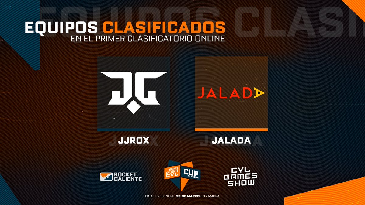 Rocket Caliente 🔥 (@rocketcaliente) on Twitter photo Primeros 2 equipos clasificados a las finales presenciales de la Rocket Caliente CyL Cup by Medion.
▪️ <a href="/TeamJJROX/">JJROX</a>: <a href="/StakeYT/">Marc 'Stake' Bosch</a> <a href="/MaRc_By_8/">MaRc_By_8.</a> <a href="/RxiiRL/">rxii</a>
▪️ Jalada: <a href="/wilfred_RL/">Wilfred</a> <a href="/Carca_RL/">Carca</a> <a href="/KilleroRL/">Kil.ツ</a>
Disfrutad del <a href="/CylGamesShow/">CyL Games Show</a> 🔥 Primeros 2 equipos clasificados a las finales presenciales de la Rocket Caliente CyL Cup by Medion.
▪️ <a href="/TeamJJROX/">JJROX</a>: <a href="/StakeYT/">Marc 'Stake' Bosch</a> <a href="/MaRc_By_8/">MaRc_By_8.</a> <a href="/RxiiRL/">rxii</a>
▪️ Jalada: <a href="/wilfred_RL/">Wilfred</a> <a href="/Carca_RL/">Carca</a> <a href="/KilleroRL/">Kil.ツ</a>
Disfrutad del <a href="/CylGamesShow/">CyL Games Show</a> 🔥