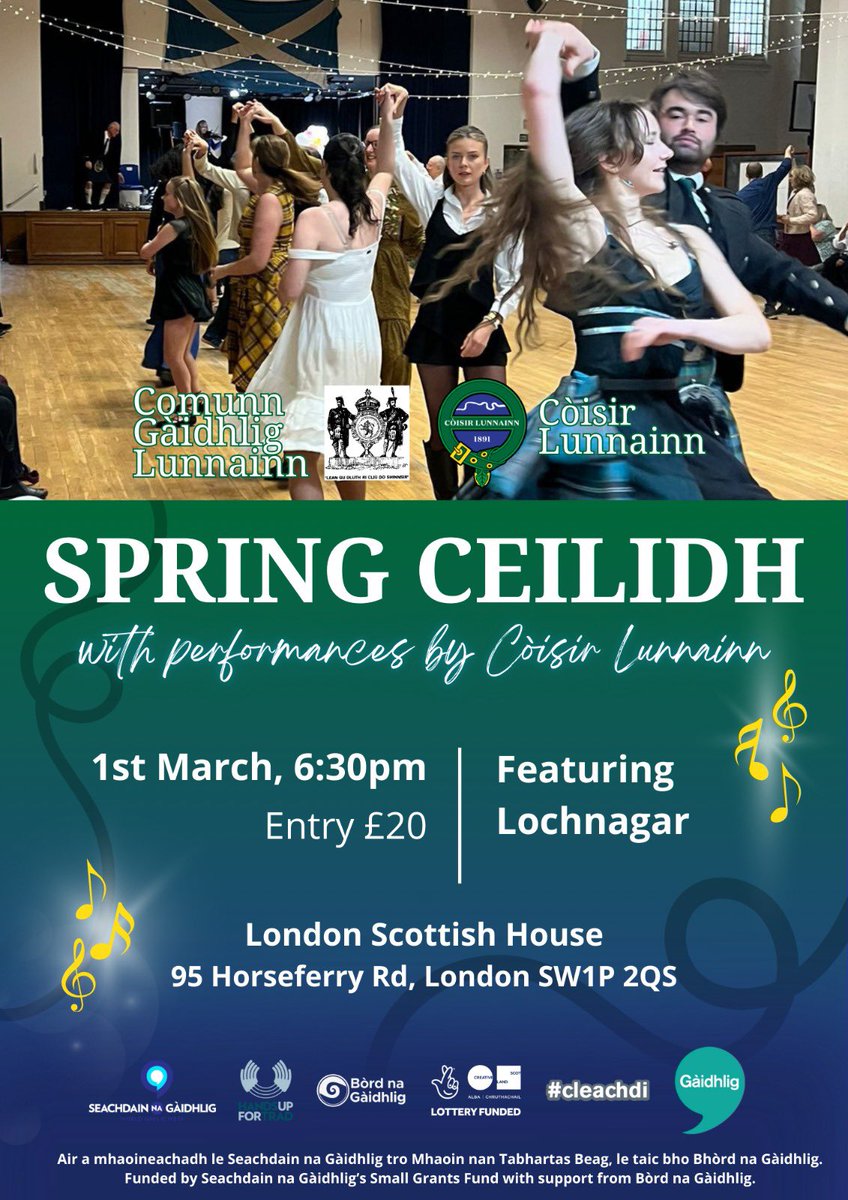 ComunnGL (@comunngl) on Twitter photo 🎉🎉CEILIDH COUNTDOWN🎉🎉
Less than a week to go until our concert & ceilidh to celebrate <a href="/sngaidhlig/">Seachdain na Gàidhlig</a> (World Gaelic Week)! Join us for a brilliant evening next Saturday (1 March) of #Gaelic music & dancing.
Tickets: comunnlunnainn.co.uk/events/default…
#seachdainnagàidhlig2025 #gàidhlig 🎉🎉CEILIDH COUNTDOWN🎉🎉
Less than a week to go until our concert & ceilidh to celebrate <a href="/sngaidhlig/">Seachdain na Gàidhlig</a> (World Gaelic Week)! Join us for a brilliant evening next Saturday (1 March) of #Gaelic music & dancing.
Tickets: comunnlunnainn.co.uk/events/default…
#seachdainnagàidhlig2025 #gàidhlig